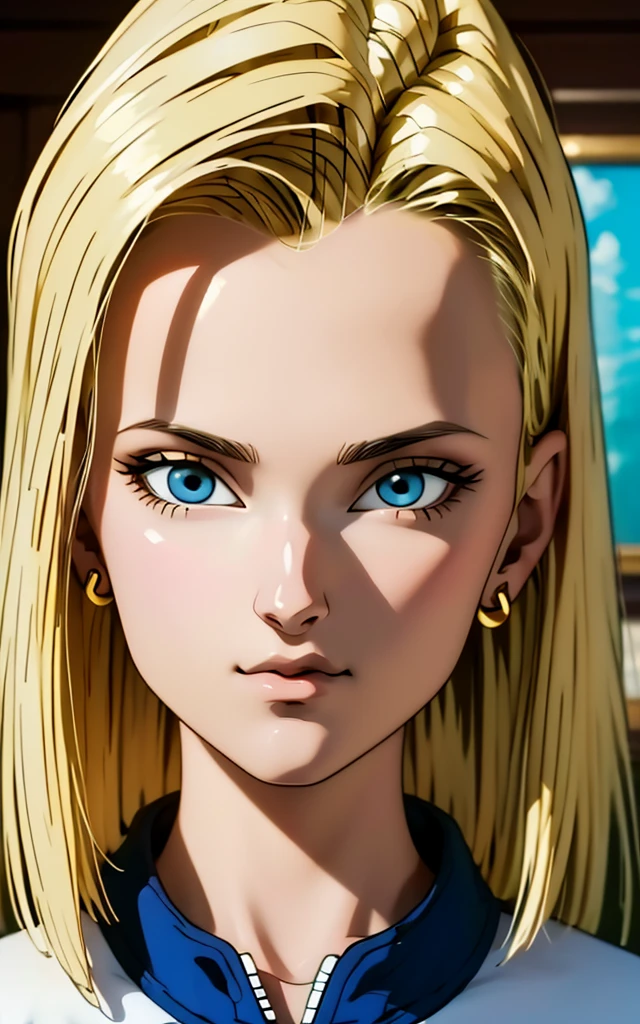 (masterpiece, best quality), Long Straight Blonde Hair realistic version of android18, earrings, denim, belt upper body, focus face, perfect face, Emily Rudd.