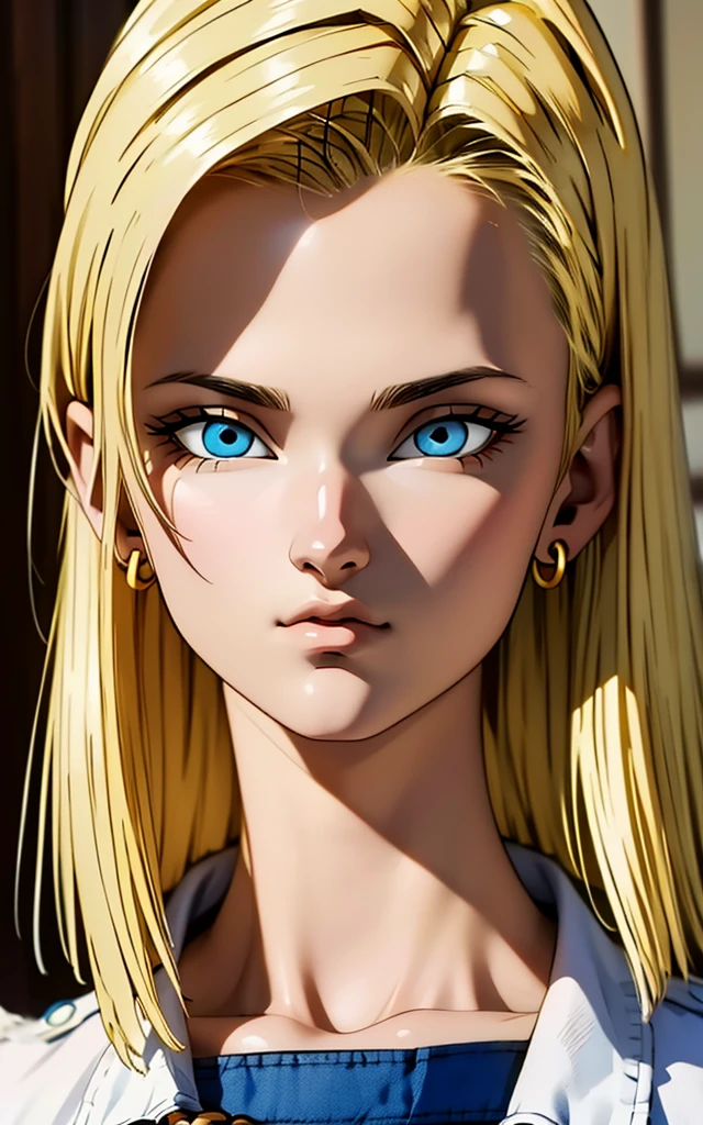 (masterpiece, best quality), Long Straight Blonde Hair realistic version of android18, earrings, denim, belt upper body, focus face, perfect face, Emily Rudd.