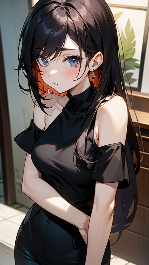 beautiful girl、portrait、Black straight long hair、Office Casual Fashion、black Sleeveless high neck knit、Tight pants style、slender、Model Body Type、Ideal Style、 women、Slim and cute、off shoulder foodie、casual、