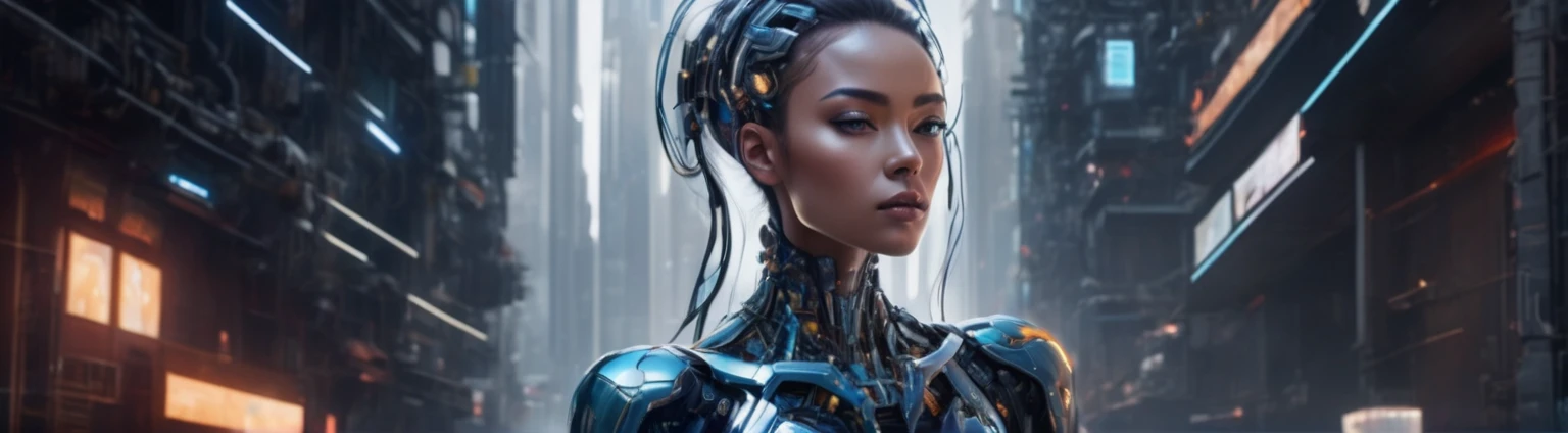 ```
Full-body portrait of an advanced, near-future female cyborg.
16:9 aspect ratio, landscape orientation.
Entire figure visible from head to toe, centered in frame.
Blend of human beauty and cutting-edge technology.
Face with subtle cybernetic enhancements:
- Luminescent eyes with holographic irises
- Fine, almost invisible seams along cheekbones and jaw
Human-like hair with iridescent, color-shifting strands.
Smooth skin with a faint, pearlescent glow.
Form-fitting, translucent body suit revealing:
- Sleek muscle-like cybernetic structures beneath
- Soft blue energy lines tracing major body contours
Graceful limbs with seamlessly integrated tech components.
Hands and feet with delicate, highly articulated digits.
Subtle holographic aura shimmering around the body.
Pose balancing human grace with technological precision.
Full-length stance showcasing entire body proportions.
Expressive face conveying warmth and intelligence.
Wide, panoramic background suggesting a high-tech, minimalist environment.
Lighting accentuating both organic curves and synthetic elements.
Composition allowing ample space around the figure in 16:9 format.
Overall aesthetic: alluring, futuristic, and subtly sensual.
```