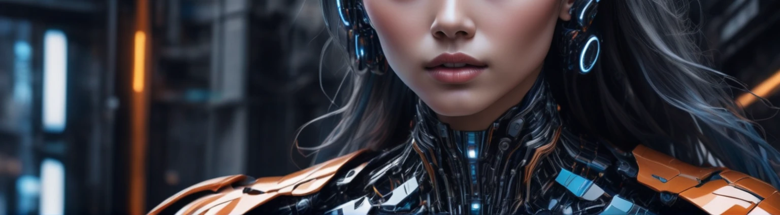 ```
Full-body portrait of an advanced, near-future female cyborg.
16:9 aspect ratio, landscape orientation.
Entire figure visible from head to toe, centered in frame.
Blend of human beauty and cutting-edge technology.
Face with subtle cybernetic enhancements:
- Luminescent eyes with holographic irises
- Fine, almost invisible seams along cheekbones and jaw
Human-like hair with iridescent, color-shifting strands.
Smooth skin with a faint, pearlescent glow.
Form-fitting, translucent body suit revealing:
- Sleek muscle-like cybernetic structures beneath
- Soft blue energy lines tracing major body contours
Graceful limbs with seamlessly integrated tech components.
Hands and feet with delicate, highly articulated digits.
Subtle holographic aura shimmering around the body.
Pose balancing human grace with technological precision.
Full-length stance showcasing entire body proportions.
Expressive face conveying warmth and intelligence.
Wide, panoramic background suggesting a high-tech, minimalist environment.
Lighting accentuating both organic curves and synthetic elements.
Composition allowing ample space around the figure in 16:9 format.
Overall aesthetic: alluring, futuristic, and subtly sensual.
```
