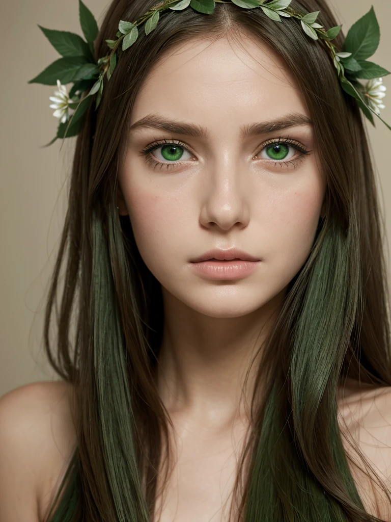facial portrait. a girl. face sent feeling. Europe. Oval face. long face. delicate facial features. sad eyes. seductively seductive. green eyes. long straight hair. green hair. wreath on head. very sad expression. shy