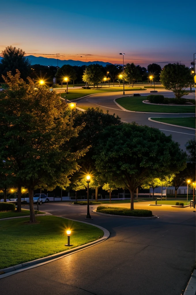 Photo of a park at night with the sun setting and a parking lot in the background