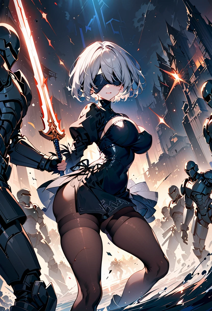 2B Nier Automata,masterpiece, 最high quality, High resolution,  Black clothes 、Torn black pantyhose、Dark church at night、Wear a miniskirt、Thin legs、Big Breasts、Slim figure、high quality　CG Tone、Gray Hair、Black blindfold、Short Bob、Surrounded by mechanical soldiers、Cutting a mechanical soldier with a sword、stylish、Japanese sword、damage、Coming under attack