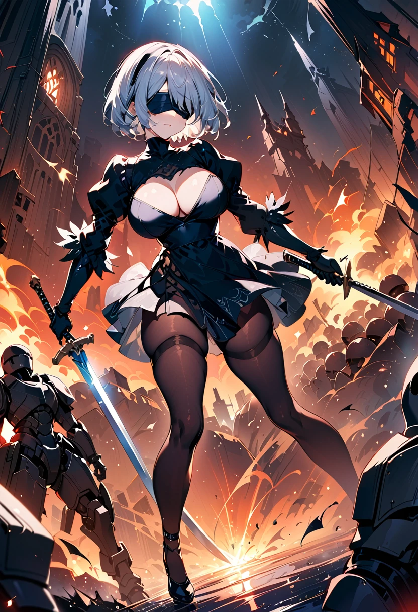 2B Nier Automata,masterpiece, 最high quality, High resolution,  Black clothes 、Torn black pantyhose、Dark church at night、Wear a miniskirt、Thin legs、Big Breasts、Slim figure、high quality　CG Tone、Gray Hair、Black blindfold、Short Bob、Surrounded by mechanical soldiers、Cutting a mechanical soldier with a sword、stylish、Japanese sword、damage、Coming under attack