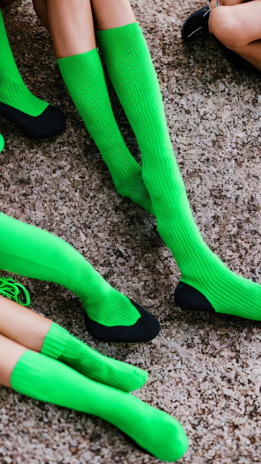Close up of green socks and black boots emo album cover