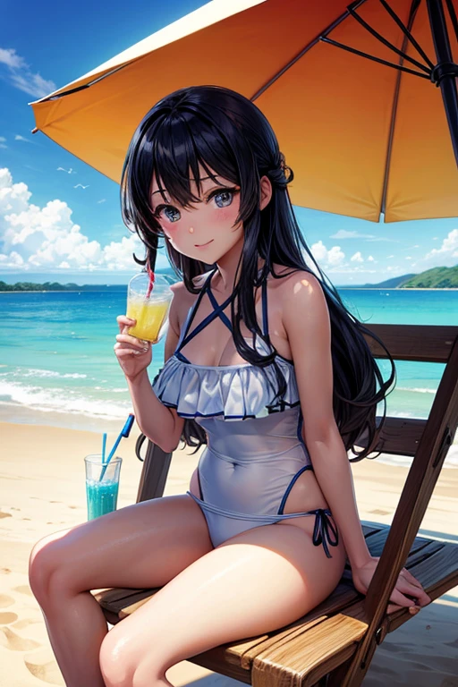 Make an anime girl in a swimsuit on the beach drinking lemonade, sitting on a chair, with an umbrella that gives shade.