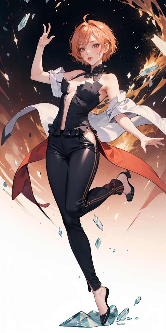 full-body close-up, create an elegant atmosphere), black pants, Black top, Orange short hair, graceful flowing, elegant movements, lustful smirking smile expression (red blush), floating in the air, (1girl), slim figure) Ice background 
