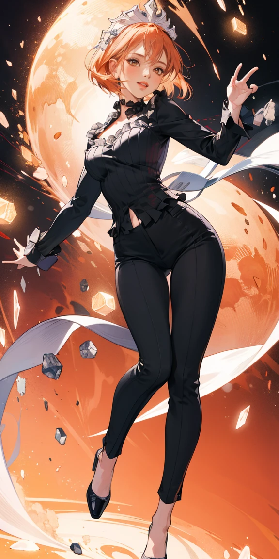 full-body close-up, create an elegant atmosphere), black pants, Black top, Orange short hair, graceful flowing, elegant movements, lustful smirking smile expression (red blush), floating in the air, (1girl), slim figure) Ice background 
