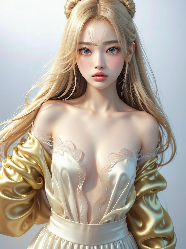 8k,Confused, High resolution, Very detailed, 1 girl, alone, Very beautiful eyes, Ultra-precise depiction, Artistic、Very detailed depiction, (Tangled:1.2), , (White high key background:1.5), (((silkのキャミ:1.5))), See through、Off the shoulder、silk、 、Platinum Blonde, (Glowing Skin), Many colors, , (Shooting from the sky:1.2),、Flat Body、slim、cute、、Round face、Cast a Shadow、See through、