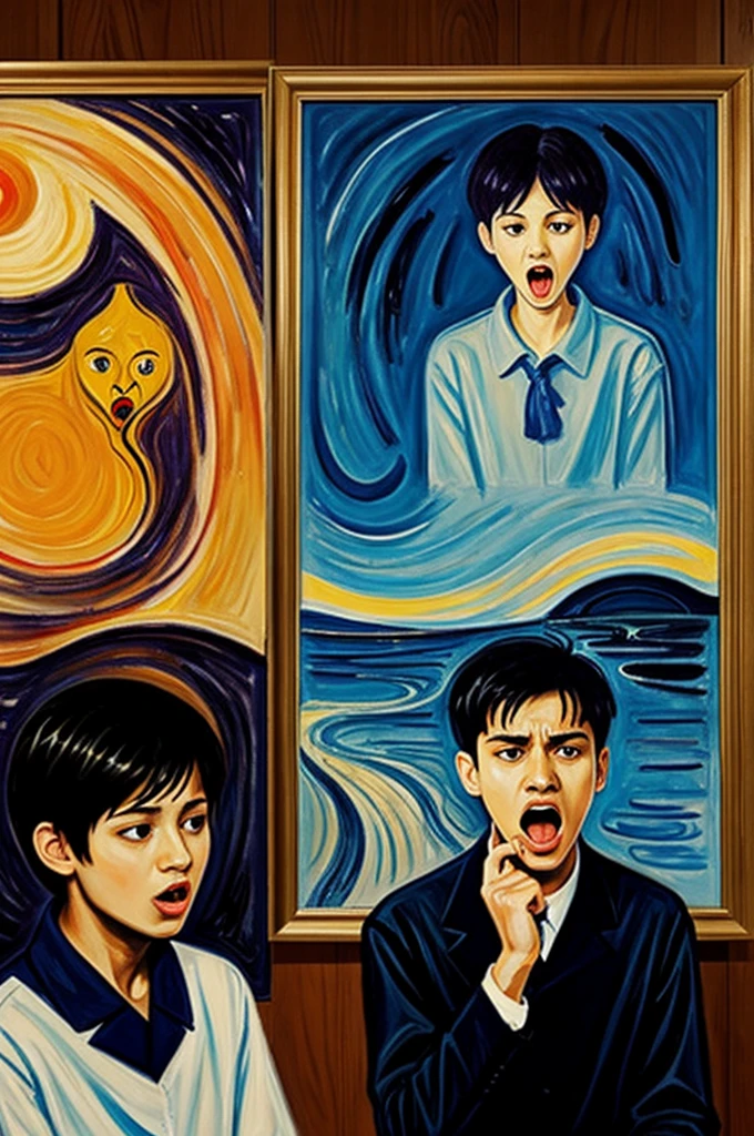 Fusion of the painting The Scream by Edvard Munch with the image of Shinji Ikari sitting 