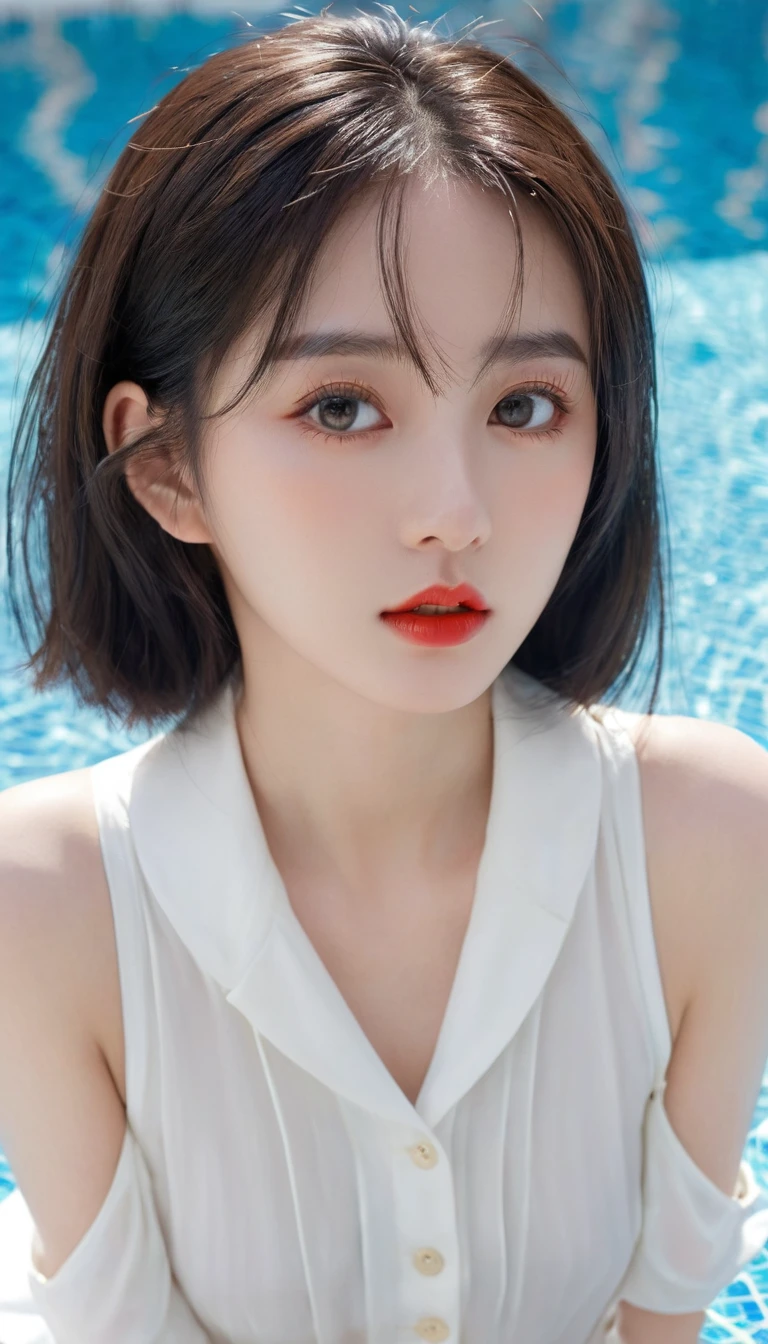 (Surrealism), (illustration), (high resolution), (8K), (Extremely detailed), (best illustration), (美丽而精致的Eye), (best quality), (Very detailed), (masterpiece), ( wallpaper), (Delicate face), solitary, 1 girl, White curly hair, Korean, Heterochromic Eyes, Eye下面有一颗小痣,, Large Breasts, Long legs, Tight abdominal muscles, Camel toe, Dynamic poses, High school girl,Gravure printing, Sexy, (White shirt:1.21), (Pleated Skirt:1.21), (By the vast summer pool:1.37), Perfect composition, ((Realistic perfect circle deep black super ridiculous details_Eye: 1.3, Extreme quality and resolution)), (Pale), ((Ultra-realistic sharp Eye, Obvious absurd quality, Not blurry,)), ((Fine pupils:1.4)), (Perfect makeup:1.35), ((Ultra-detailed symmetrical lips:1.3)), ((V-shaped jaw)), (Light glossy red_Lipstick:1.35), (Extremely detailed, Beautiful little nose:1.2), (Perfect composition), ((Pale skin:1.28)), ((Dry skin)), (flat chest), (Slim lower body), (Short hair handsome:1.37),