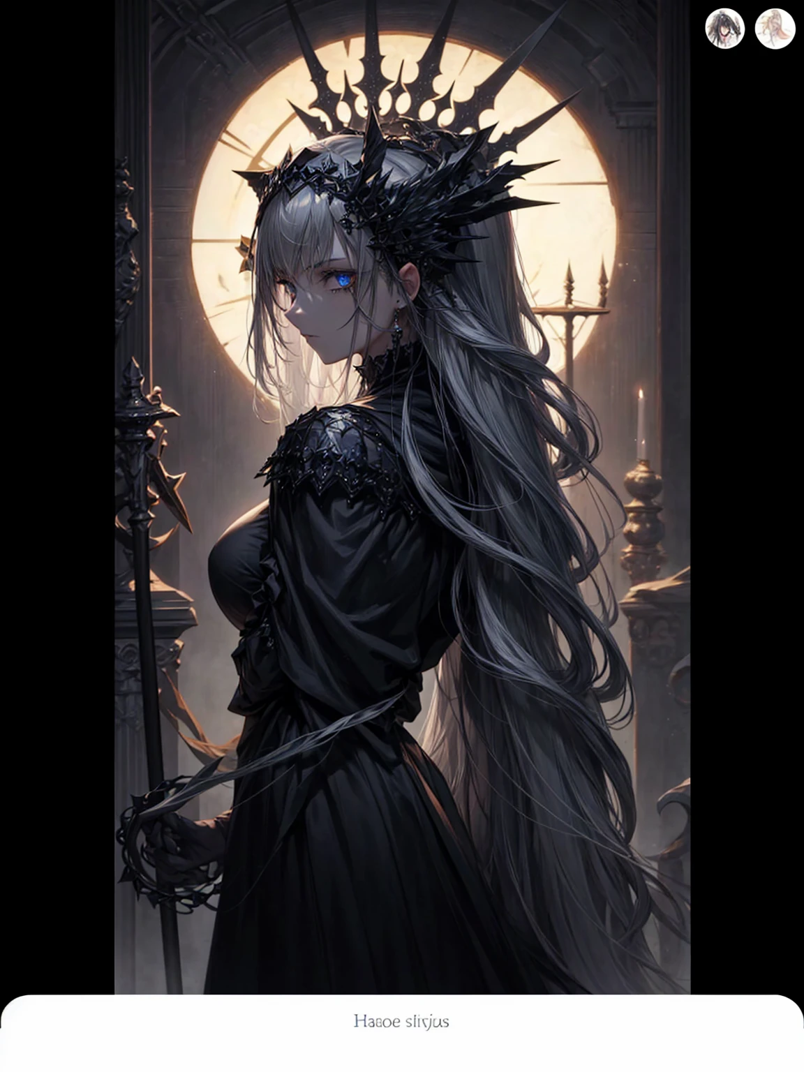 a young dark fantasy church priestess, with long black hair and white streaks, wearing an eyepatch on one eye, and her blueish green eyes, she cares a serious expression on her face and an angel like appearance, she wears elegant yet simple and modest black outfit, with some silver jewelry, she also wears a long see through veil on her head, with a faded sliver star shaped halo at the behind her head, she is holding her hands together symbolizing a prayer gesture.Long Hair, Black Hair, Blue eyes, mysterious, Hood, Halo, Anatomically Correct, Best Quality, Accurate, High Resolution, Looking at viewer, back view