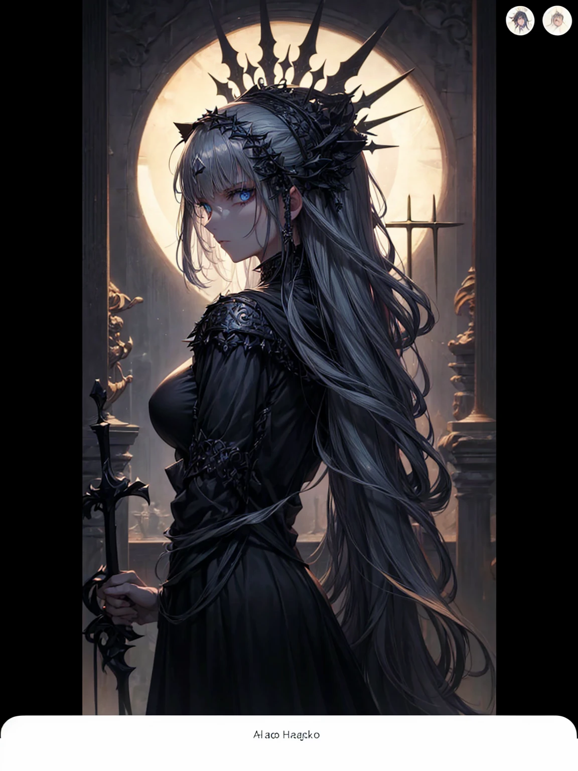 a young dark fantasy church priestess, with long black hair and white streaks, wearing an eyepatch on one eye, and her blueish green eyes, she cares a serious expression on her face and an angel like appearance, she wears elegant yet simple and modest black outfit, with some silver jewelry, she also wears a long see through veil on her head, with a faded sliver star shaped halo at the behind her head, she is holding her hands together symbolizing a prayer gesture.Long Hair, Black Hair, Blue eyes, mysterious, Hood, Halo, Anatomically Correct, Best Quality, Accurate, High Resolution, Looking at viewer, back view
