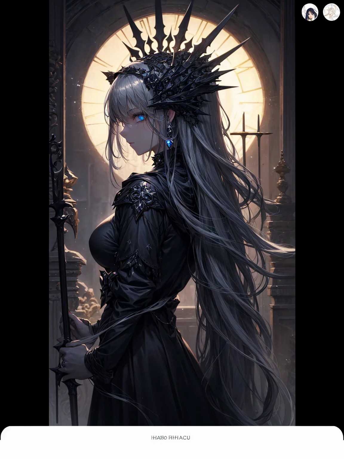 a young dark fantasy church priestess, with long black hair and white streaks, wearing an eyepatch on one eye, and her blueish green eyes, she cares a serious expression on her face and an angel like appearance, she wears elegant yet simple and modest black outfit, with some silver jewelry, she also wears a long see through veil on her head, with a faded sliver star shaped halo at the behind her head, she is holding her hands together symbolizing a prayer gesture.Long Hair, Black Hair, Blue eyes, mysterious, Hood, Halo, Anatomically Correct, Best Quality, Accurate, High Resolution, Looking at viewer, back view