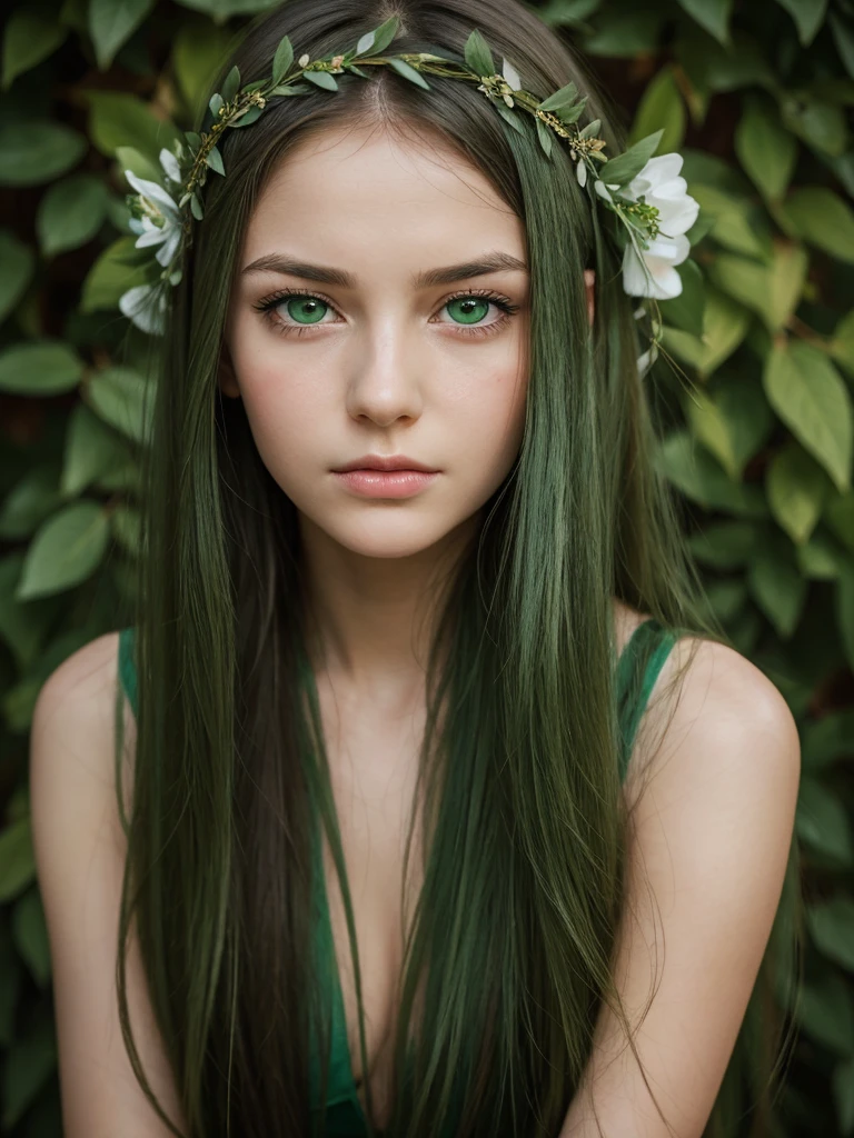 facial portrait. a girl. face sent feeling. Europe. Oval face. long face. delicate facial features. sad eyes. seductively seductive. green eyes. long straight hair. green hair. wreath on head. very sad expression. shy