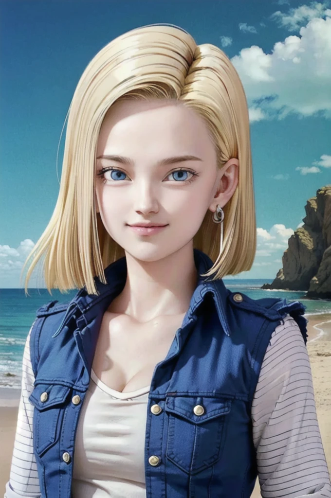 android 18,blonde hair, Long Straight hair, blue eyes, vest, black shirt, long sleeves, denim jacket, looking at viewer, smile Face, close up portrait, outside, beach, ocean, blue sky, high quality, masterpiece,  sexy body, perfect breasts, slightly torn shirt on the chest