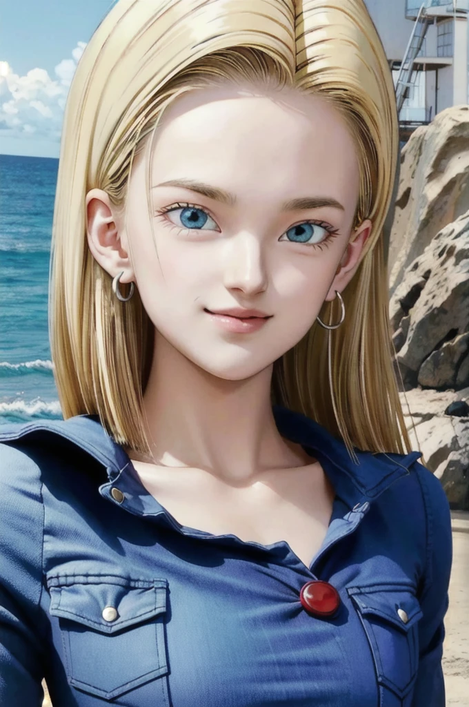 android 18,blonde hair, Long Straight hair, blue eyes, vest, black shirt, long sleeves, denim jacket, looking at viewer, smile Face, close up portrait, outside, beach, ocean, blue sky, high quality, masterpiece,  sexy body, perfect breasts, slightly torn shirt on the chest