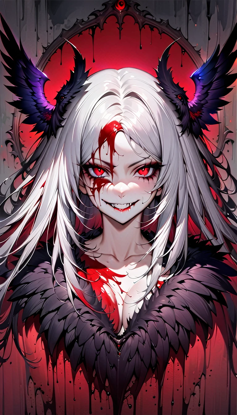 (((Nsfw, Vulgar))),wet-on-wet oil painting depicting a dark angel, a semi-realistic full body portrait, blood on the angel face,, red eyes, gorgeous painting, breathtaking, semirealistic, beautiful colors, evil, beautiful red eyes, detailed textures, massive blackdark feathers, blood, white hair, evil grin, evil smile