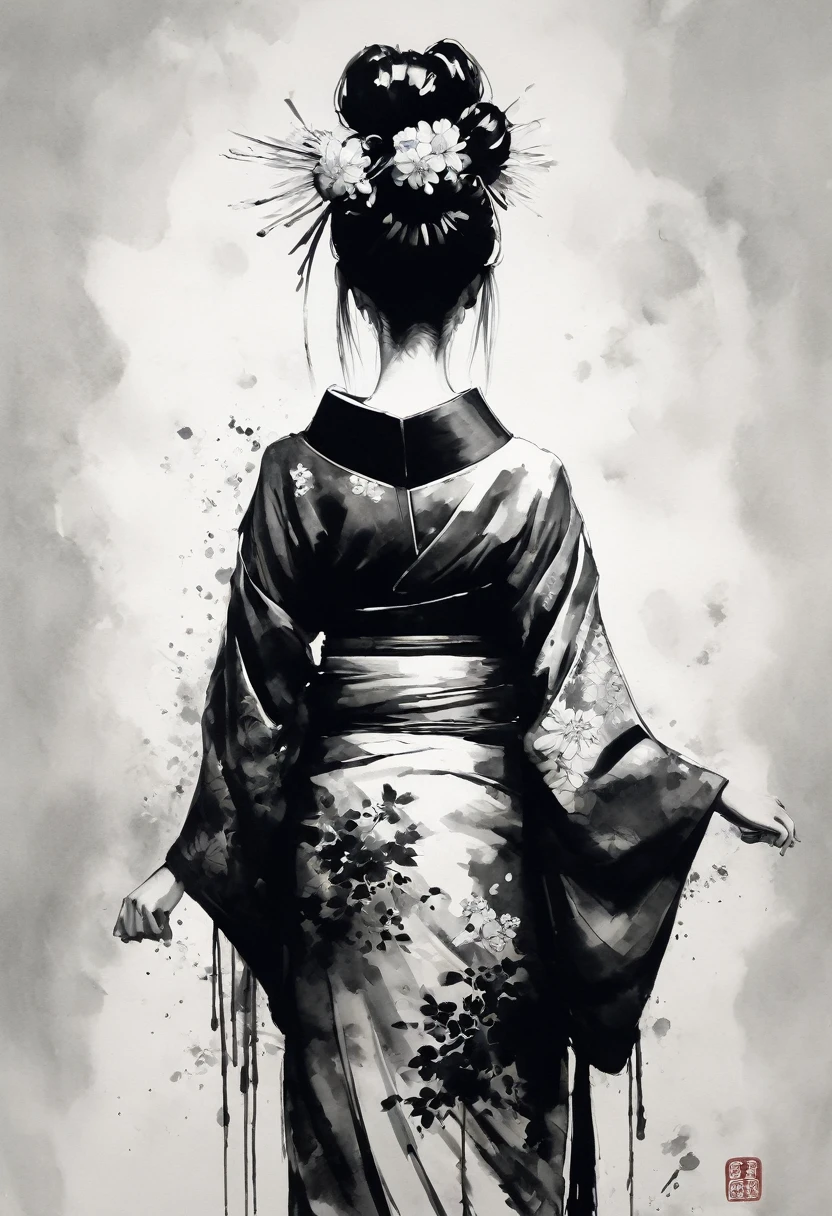 Ink painting,Black and white painting,splash,whole body,back view,(Oiran,Oiran's hairpin,Disheveled Hair),A kimono with a wide open back collar from the nape to the back,Geta that are taller than normal geta,