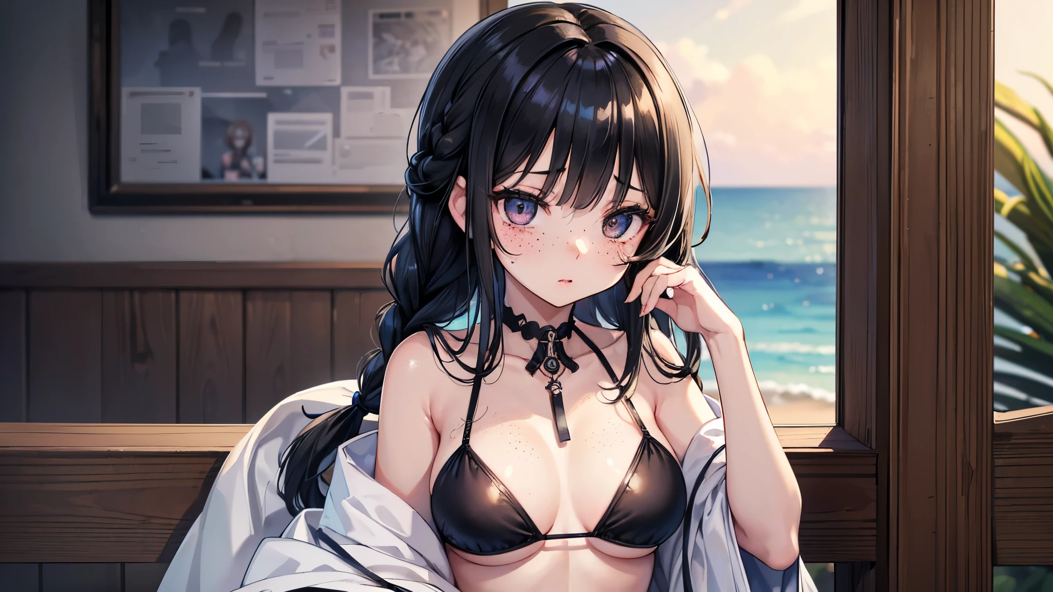 Raw photo、Highest quality、Super detailed、Highest quality、High resolution、Very delicate and beautiful、High resolution、Very beautifully detailed face、((masterpiece))、((live-action的))、(live-action)、((Very detailed))、Highest quality、Medium chest、One perfect woman、Perfect Face、Symmetrical face、、((Shiny Hair))、Human female、((Medium sized breasts))、Cleavage、Beautiful Face、Beautiful woman、Glowing Skin、((大きなblack eye、Long eyelashes))、((Embarrassed and blushing face))、((Juicy lips))、Cowboy Shot、((Introvert girl))、((Insidious girl)) (Dark Woman)、(((18-year-old girl)))、(((Girl with black hair in braids)))、((black eye))、((Medium bust))、((Black Bikini))、(Tropical)、((Very realistic))、((Sandy Beach、A blurred distant horizon))、((Facial freckles))、(Crouched)