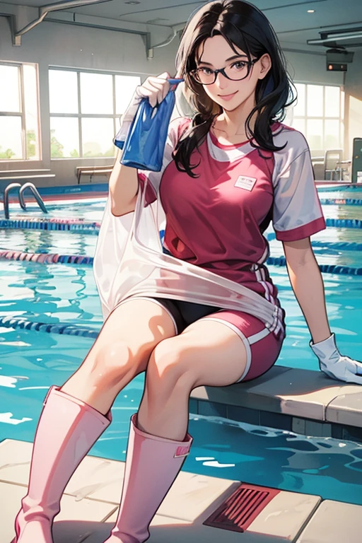 A mature woman with black hair and glasses, wearing short-sleeved gym clothes and large pink rubber gloves and white rubber boots, smiling as she cleans the school pool.
