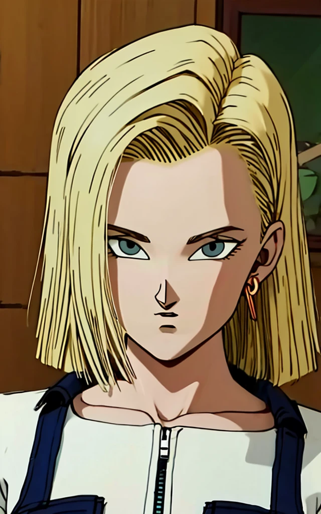 (masterpiece, best quality), Long Straight Blonde Hair realistic version of android18, earrings, denim, belt upper body, focus face, perfect face, Emily Rudd.