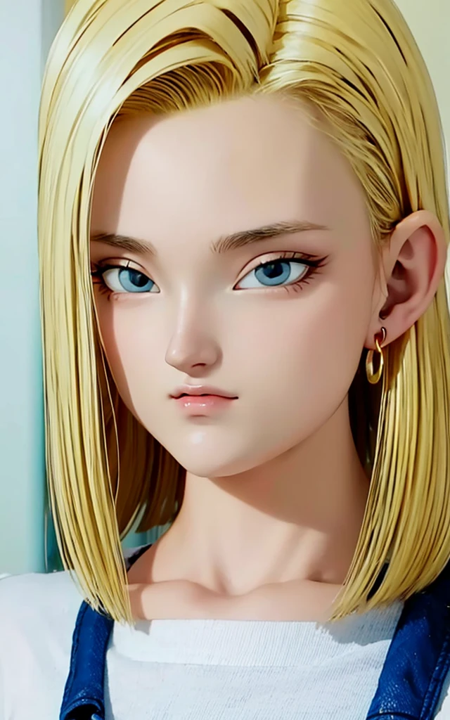 (masterpiece, best quality), Long Straight Blonde Hair realistic version of android18, earrings, denim, belt upper body, focus face, perfect face, Emily Rudd.