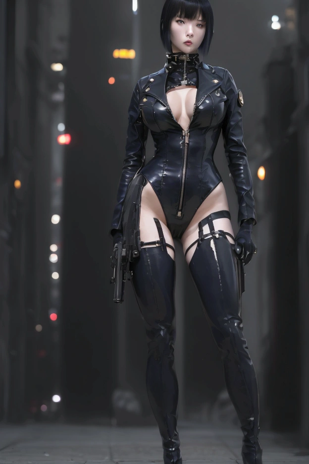 High resolution photo of a woman、Beautiful woman in a bare-chested white leotard、Dark blue bob hair、bangs、stockings、High heel boots、Holds a gun from the future、Black leather jacket、ghost in the Shell、Motoko Kusanagi、City of the Future、