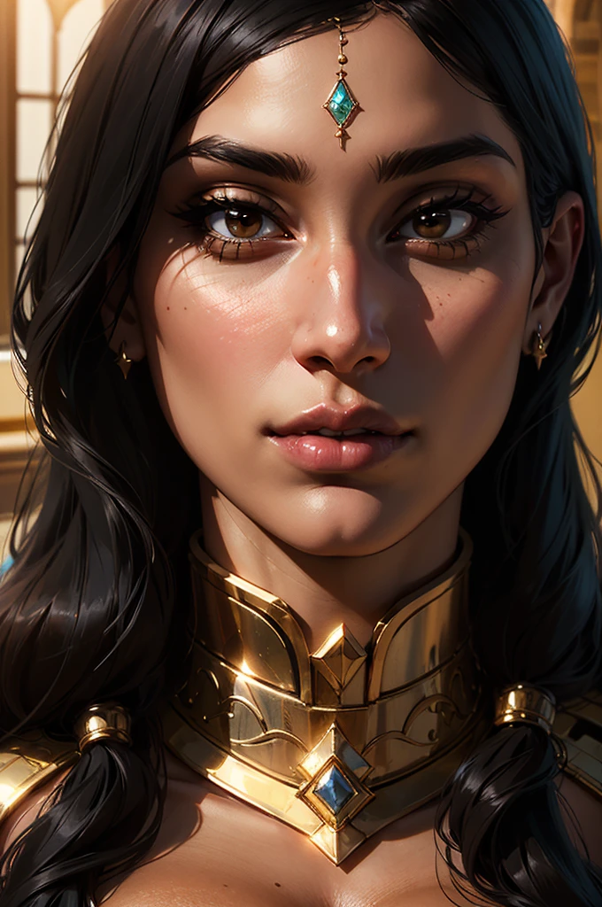 Mia Khalifa, ((Beautiful milf)), hourglass figure, enormous breasts, brown eyes, black hair, seductive face, dress, tan skin, arab princess, sanctuary, masterpiece, best quality, ultra detailed, realistic