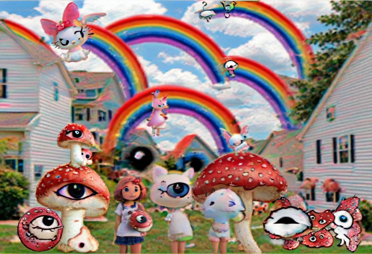 a collage image filled with y2k symbols, featuring a cartoon girl standing on a lawn surrounded by toys and typical suburban houses. Include eye-catching elements such as Hello Kitty, rainbows, red mushrooms with eyes, and angel-winged eyes, capturing the y2k nostalgia and weirdcore aesthetics