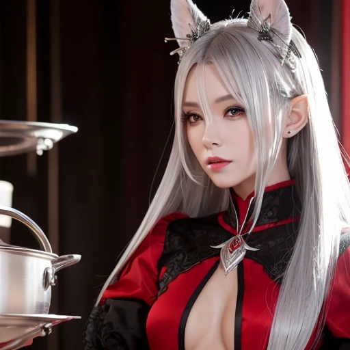 tall、Slim figure。
- Long silver hair tied back。
- Sharp red eyes、Always keep a calm expression。
- A dark elf dressed in a luxurious chef&#39;s uniform in black and purple.