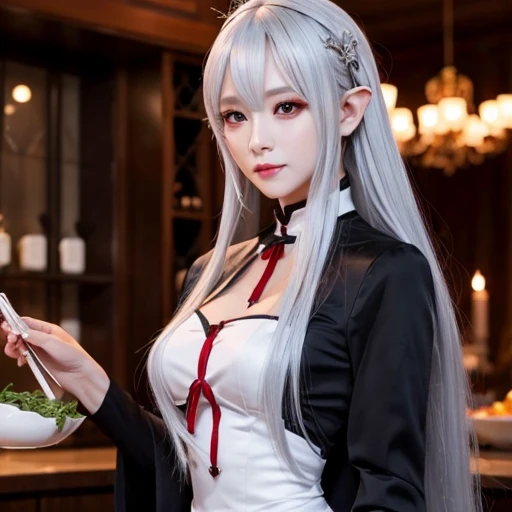 tall、Slim figure。
- Long silver hair tied back。
- Sharp red eyes、Always keep a calm expression。
- A dark elf dressed in a luxurious chef's uniform in black and purple.