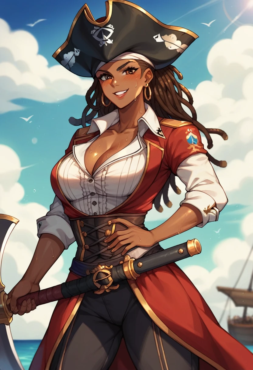 (masterpiece), best quality, expressive eyes, perfect face, perfect eyes, perfect hair, perfect body, perfect hands, perfect fingers, high detail, best detail, pirate, cavalier pirate hat, pirate leathers, holding sword, , cocky smile, confident, dominant, powerful, pirate raid, raiding ship, fighting, dark skin, beautiful brown skin, beautiful dreadlocks, Adult Female, sweat, toned body, alone, brown hair, brown eyes,