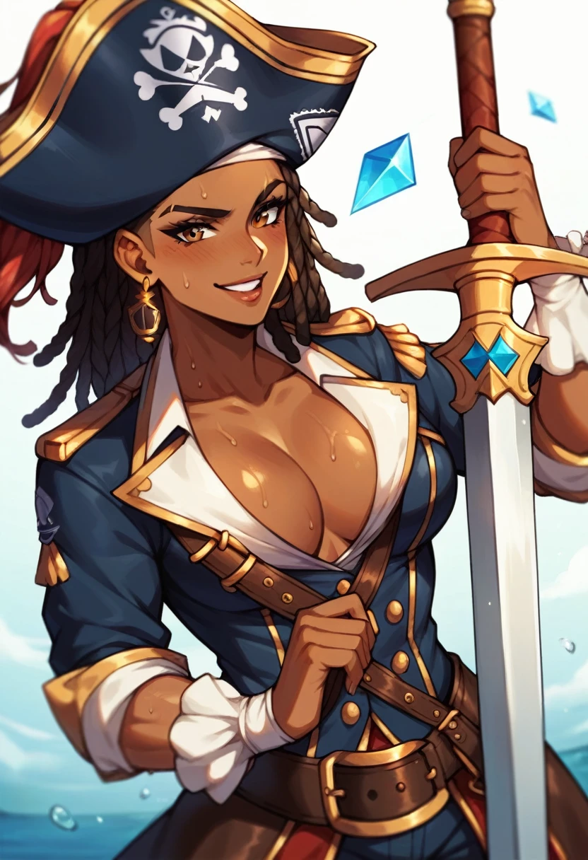 (masterpiece), best quality, expressive eyes, perfect face, perfect eyes, perfect hair, perfect body, perfect hands, perfect fingers, high detail, best detail, pirate, cavalier pirate hat, pirate leathers, holding sword, , cocky smile, confident, dominant, powerful, pirate raid, raiding ship, fighting, dark skin, beautiful brown skin, beautiful dreadlocks, Adult Female, sweat, toned body, alone, brown hair, brown eyes,