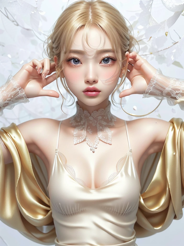 8k,Confused, High resolution, Very detailed, 1 girl, alone, Very beautiful eyes, Ultra-precise depiction, Artistic、Very detailed depiction, (Tangled:1.2), , (White high key background:1.5), (((silkのキャミ:1.5))), See through、Off the shoulder、silk、 short、Platinum Blonde, (Glowing Skin), Many colors, , (Shooting from the sky:1.2),、Flat Body、slim、cute、、Round face、Cast a Shadow、See through、