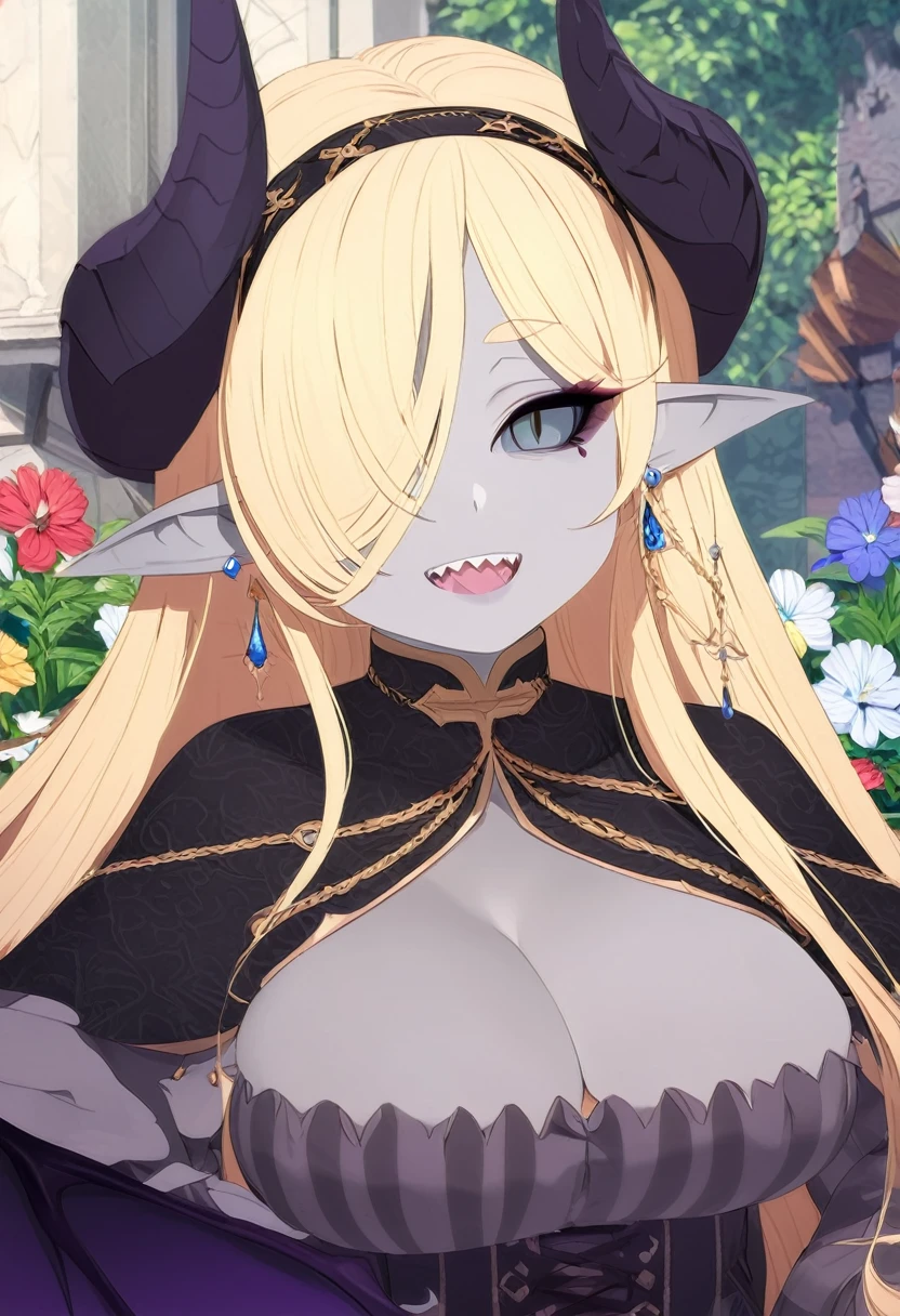 Elfa gato linda surreal, rosto detalhado, corpo inteiro, grandes olhos, sharp teeth, hair over one eye, hairband, demon horns, demon wings, long hair, pointy ears, elf, earrings, capelet,long sleeves, parted bangs, flower, striped, very chubby, 8k, hd, hdr, grey/gray skin, grey sclera, long blonde hair, white iris, demon horns, makeup