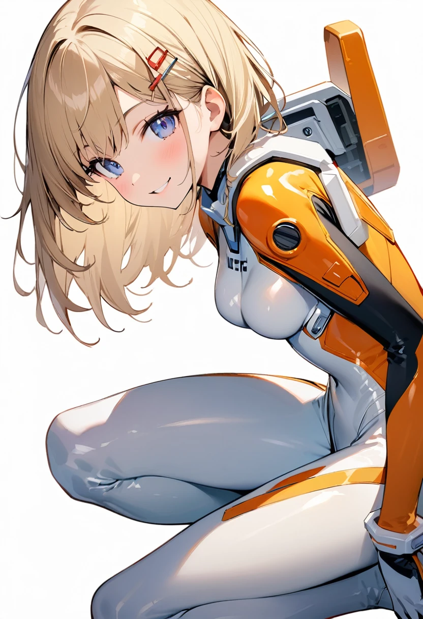 (masterpiece:1.2),Highest quality,Pixiv ,One girl,alone,View your viewers,,smile,White background only,whole body,From the side,One knee,,Look to the side、white background only、Hair Clip, wise_Bodysuits, Pilot Suit, gloves, Plug Suit, 青のBodysuits、No background