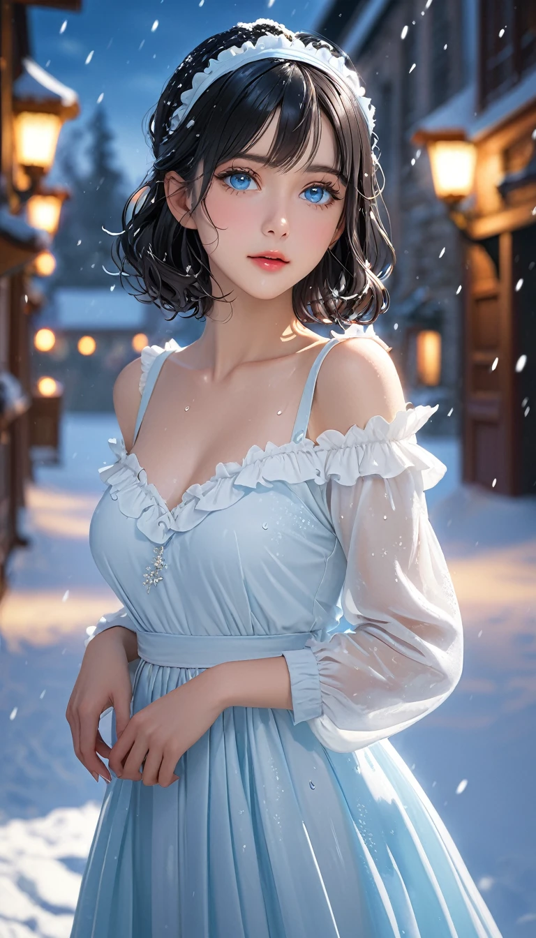 (((masterpiece))),Highest quality,figure,4k wallpaper,Cinema Lighting,Absurd,1 Girl,(snow,ice),snow flower,In winter,Black Hair,Shiny Hair,Long Bob,curl,(((Pale blue eyes))),White clothes,Beautiful dress in white color,Frills,race,Wet clothes,Leave_shoulder,hair band,masterpiece,Absurd,Beautiful Face,Features,Natural light,Soft Light,(Seven-part combination),amazing,Dreamy and magical,mystery,