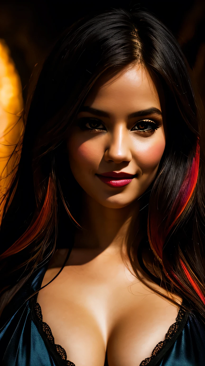 Studio Lighting,(Portraiture),(Vibrant colors),(Warm tones),(Soft moody lighting),(Sharp focus), stunning face, confident and provocative smile,Mysterious atmosphere,Dark and rough cave background, Big Tits, Ornate Assassin's Gear,Fierce and powerful stance,Shining Jewelry,Dramatic lighting to accentuate facial features,Subtle makeup,Faint signs of smoke or fog,Nighttime Settings,Faint moonlight shining in the background illuminates the scene.、masterpiece, 最high quality, high quality, High resolution, Blue and yellow clothes、((Pause_random))、((Upper body portrait))), Upper body portrait, Dark cave background,black garter set、