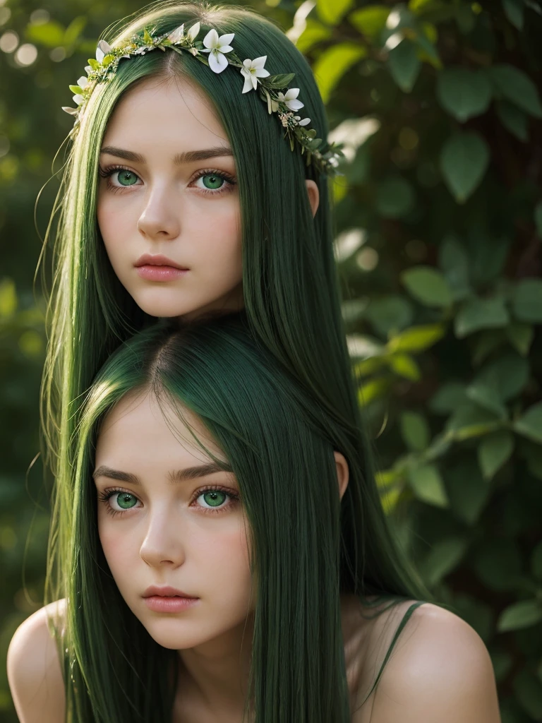 a girl. face sent feeling. Europe. Oval face. long face. delicate facial features. sad eyes. seductively seductive. green eyes. long straight hair. green hair. wreath on head. very sad expression. shy