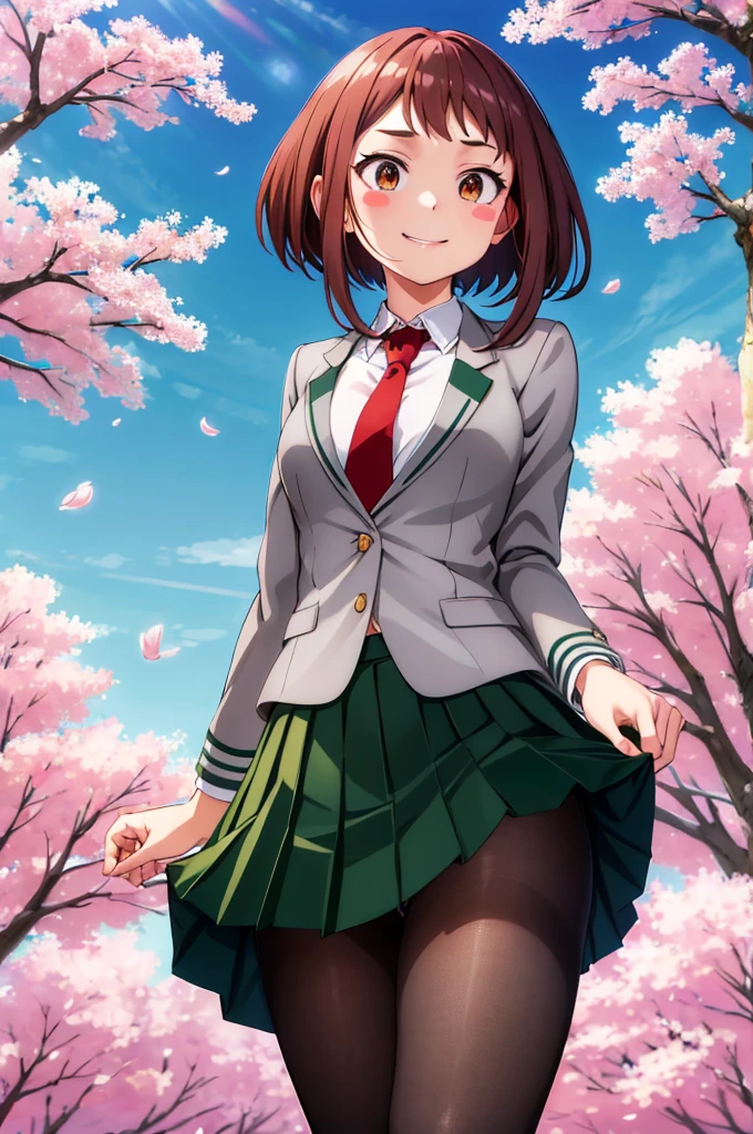 masterpiece, Highest quality, High resolution, Mochako, blush stickers, short hair, Medium chest. , Green Skirt, Pleated skirt, Red tie, Black Pantyhose, White shirt, Long sleeve, Grey jacket, Reaching out, smile, cherry blossoms, Outdoor, Cowboy Shot, Medium chest, Panties over skirt, Showing panties, blush, sexy, An athletic body,
