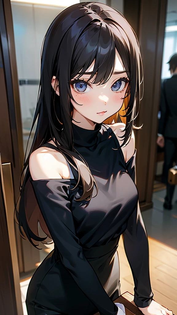 beautiful girl、portrait、Black straight long hair、Office Casual Fashion、black Sleeveless high neck knit、Tight pants style、slender、Model Body Type、Ideal Style、 women、Slim and cute、off shoulder foodie、casual、