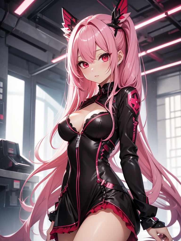 (masterpiece), (best quality), (ultra detailed) 1womanl, pink hair, twin-tail, Red eyes, black and red outfit, Super detailed scenario, seducing gaze