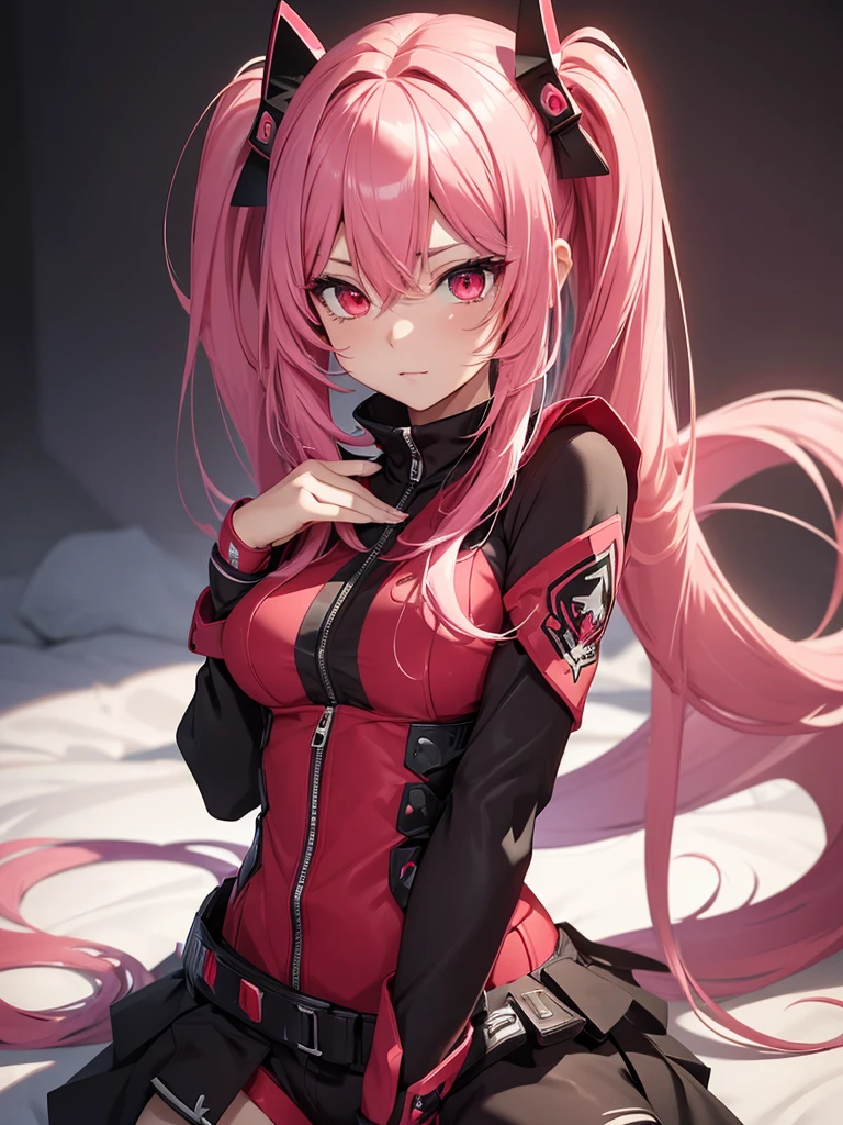 (masterpiece), (best quality), (ultra detailed) 1womanl, pink hair, twin-tail, Red eyes, black and red outfit, Super detailed scenario, seducing gaze