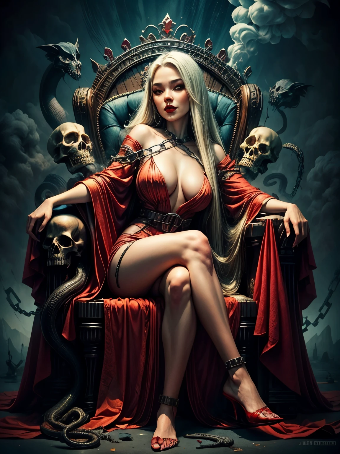 succubus,  female demon, SITTING ON THRONE, slight evil smile, queen of underworld, woman with snakes, skulls on the ground, floating smoke demons, man in chains, slight evil smile, snake hair,  with many sexy women, red robe, 
