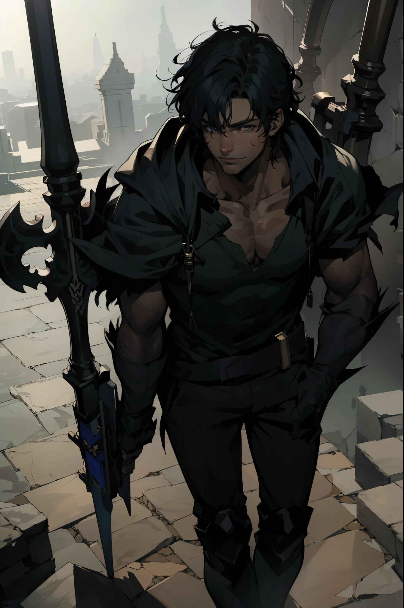 (absurdities, High Resolutions, ultra detailed, HDR), Masterpiece, The best quality, final fantasy xvi, clive rosfield, 1man only, handsome, short hair, black hair, vibrant blue eyes, fine eyes and detailed face, armor, ((Intricate weapon)), Sitting on the throne, legs open, affected smile, annoying. Final Fantasy, clive rosfield,, abs, badass pose, Anime boy on a bed with his hands on his head, Beautiful anime pose, Anime hombre handsome, anime male character, Badass Anime 8K, Detailed anime character art, HDR Anime MacManus Anime Concept, anime boy, Ikuto Yamashita, CG anime soft art, manga wallpaper 4k, inspired by Yamagata Hiro, anime wallaper