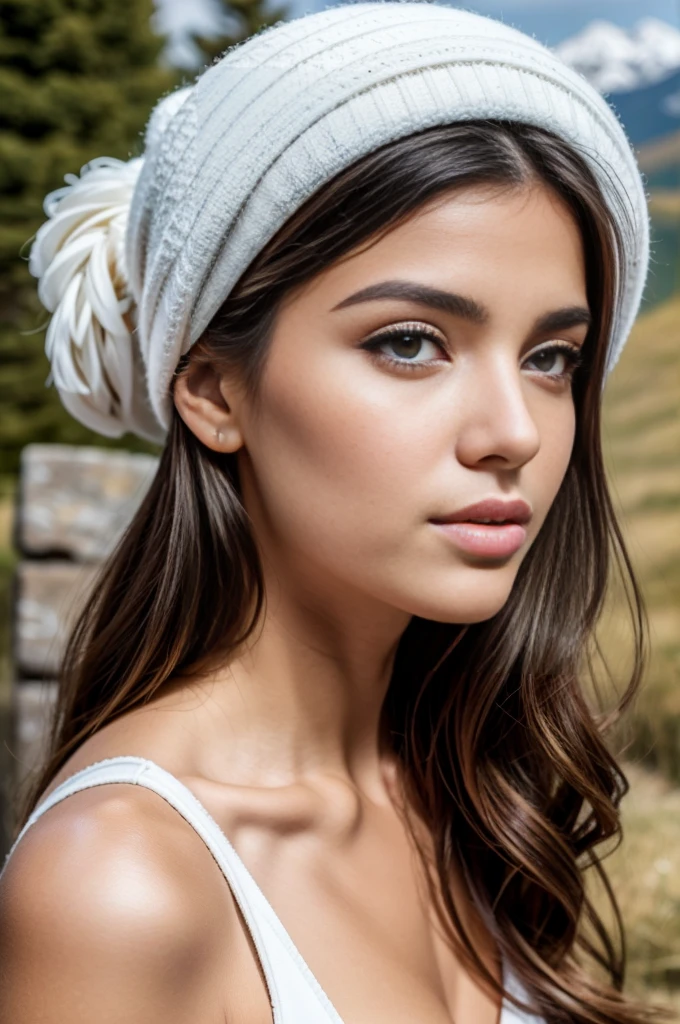 1 fille dans, 19 ans, seulement, photographie realiste, une belle fille kabyle algérienne, cheveux brun clair ondulés, Bijoux kabyles, Kabylian hair style, cheveux mi-longs, beau visage berbère kabyle, yeux marron clair-vert, peau claire, visage mince, corps des coureurs, portant une tenu de combinaison de ski, (peau texturée, pores de la peau:1.1), chair de poule, Pose seductrice, (Extérieur:1.1), montagne et neige en arriere plan, ensoleillé, Lumière naturelle, Nikon Z8 + NIKKOR Z 24-120 mm f./4S