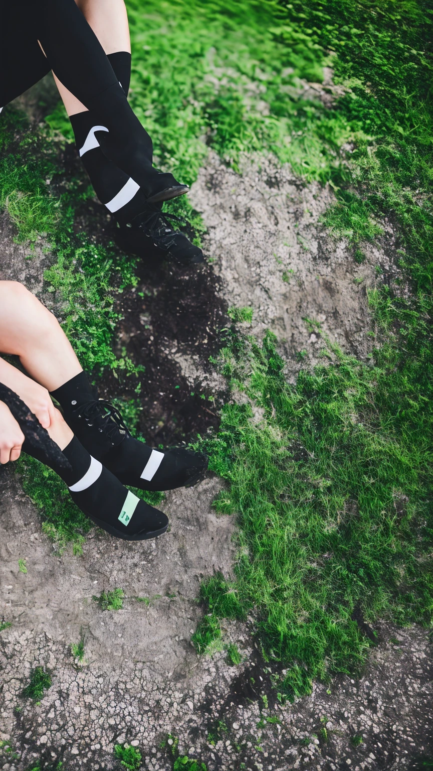 Close up of green and black strips socks and black boots emo album cover