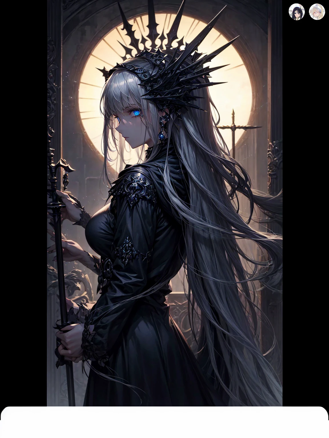 a young dark fantasy church priestess, with long black hair and white streaks, wearing an eyepatch on one eye, and her blueish green eyes, she cares a serious expression on her face and an angel like appearance, she wears elegant yet simple and modest black outfit, with some silver jewelry, she also wears a long see through veil on her head, with a faded sliver star shaped halo at the behind her head, she is holding her hands together symbolizing a prayer gesture.Long Hair, Black Hair, Blue eyes, mysterious, Hood, Halo, Anatomically Correct, Best Quality, Accurate, High Resolution, Looking at viewer, back view